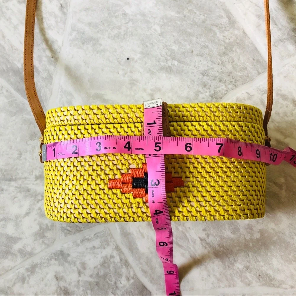 NWT made in Indonesia handcrafted yellow rectangle western wicker woven bag - Picture 6 of 8